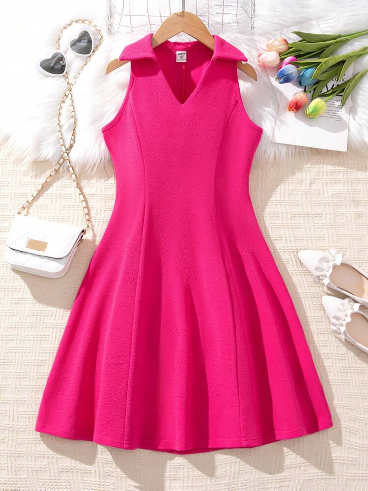 Tween Girl Elegant Collar V-Neck Cinched Waist A-Line Umbrella Dress- Size 12y