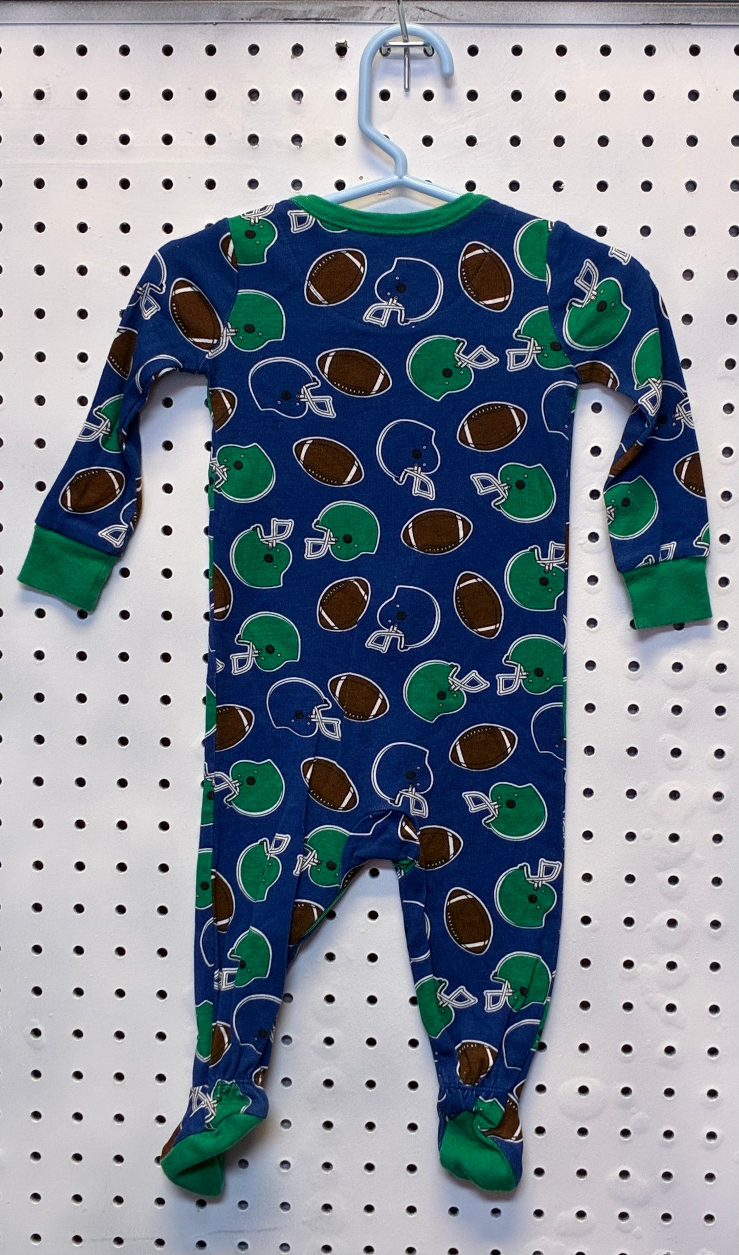 Carter's or The Children's Place boys' blue and green football-themed fleece footed pajama sleeper Size 3-6M