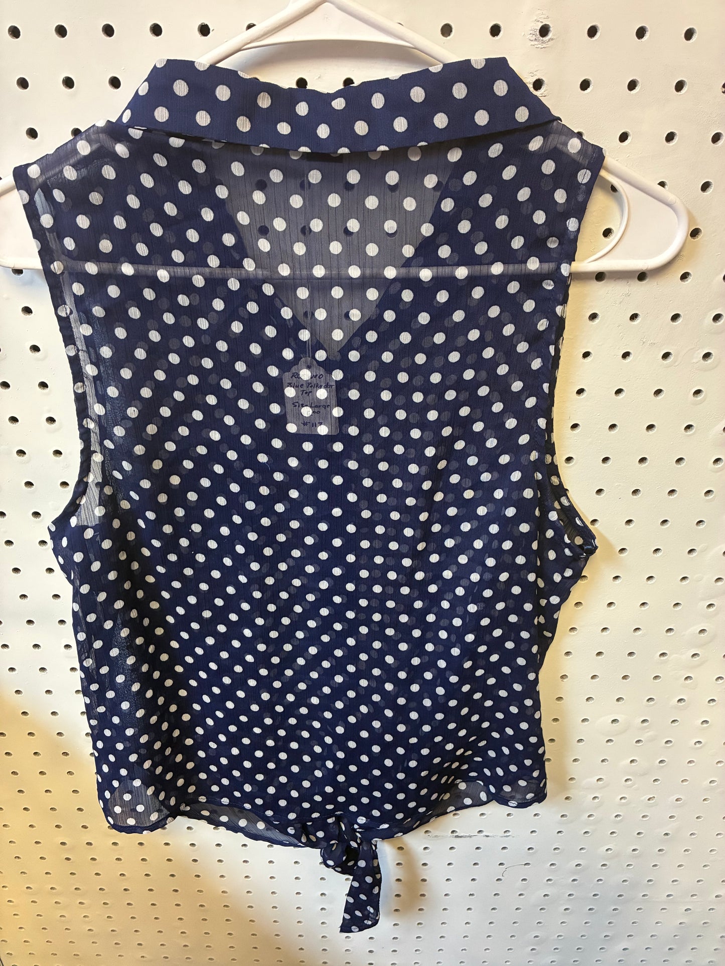 Rhapsody L/G navy blue and white polka dot chiffon button-down blouse