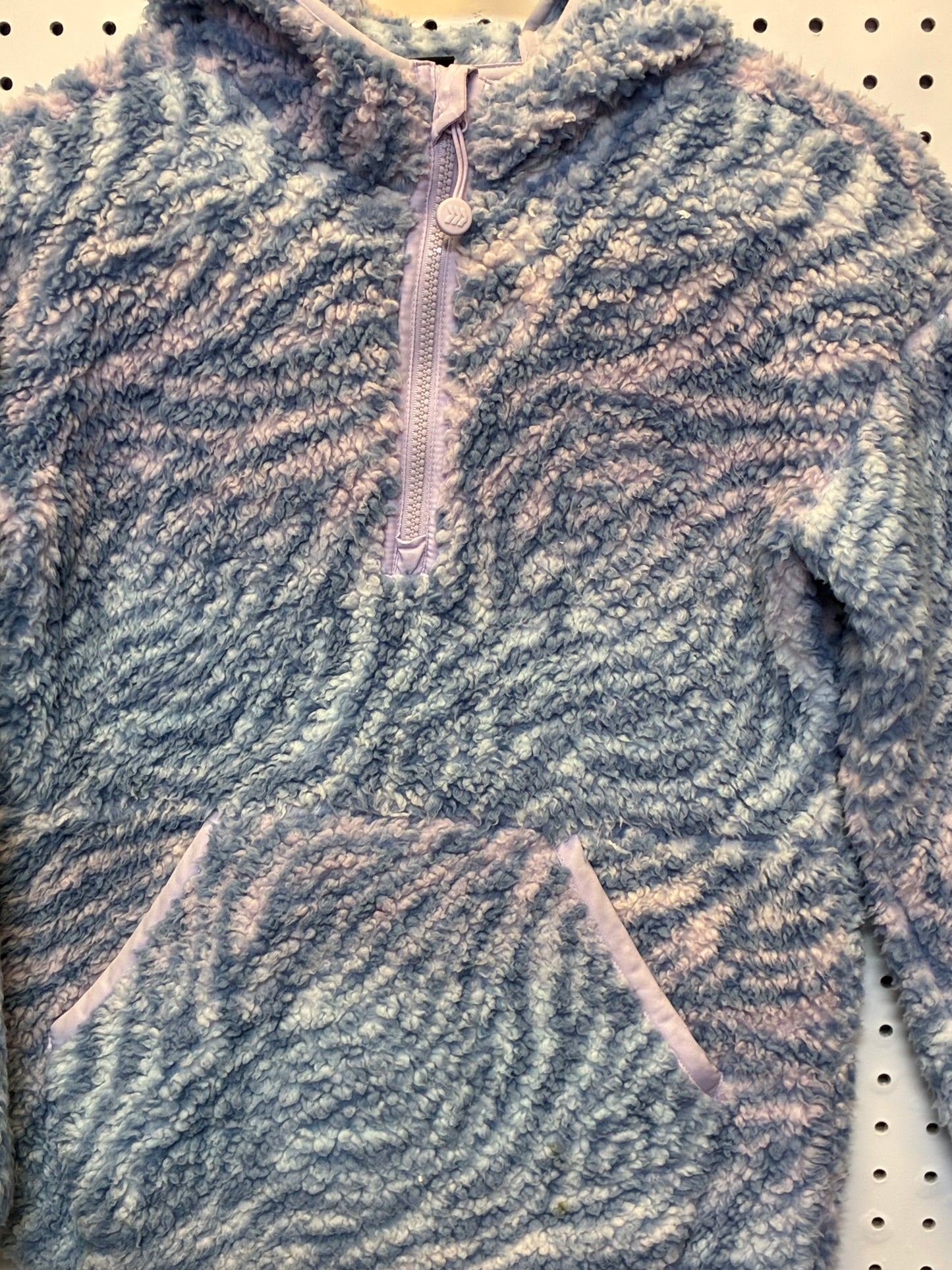 All In Motion Girls' High Pile Sherpa Fleece Pullover Sweatshirt in a blue and pink zebra print designate 10/12