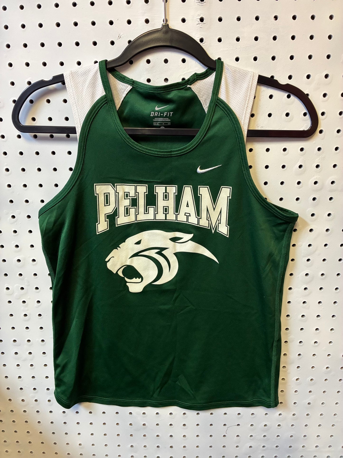 Green and White Nike Dri-FIT athletic tank top featuring a "PELHAM" graphic and a cougar mascot logo Size Small