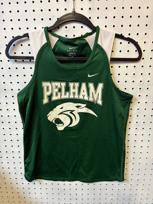 Green and White Nike Dri-FIT athletic tank top featuring a "PELHAM" graphic and a cougar mascot logo Size Small