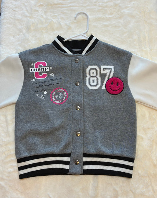 InGirl Grey Varsity Style Jacket with Star Sleeves and Patches Size 10/12