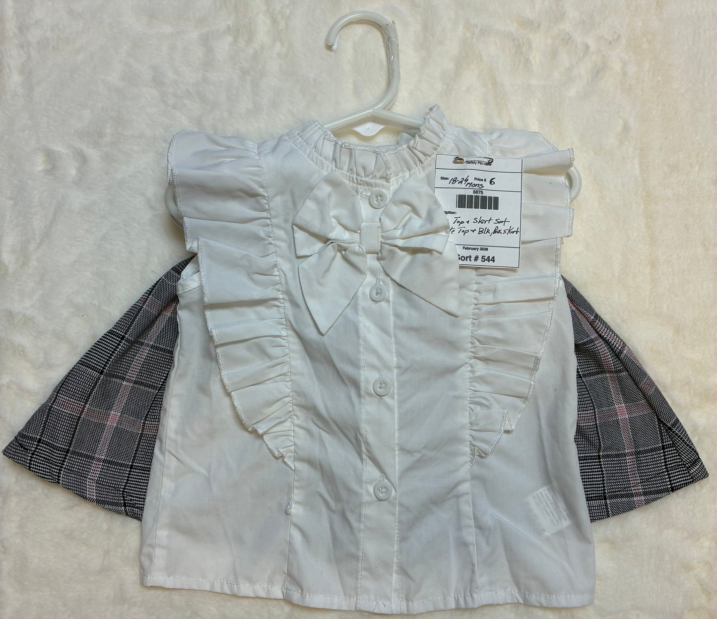 Girls 2pc White Ruffle Top & Plaid Skirt Set Size 18-24mons