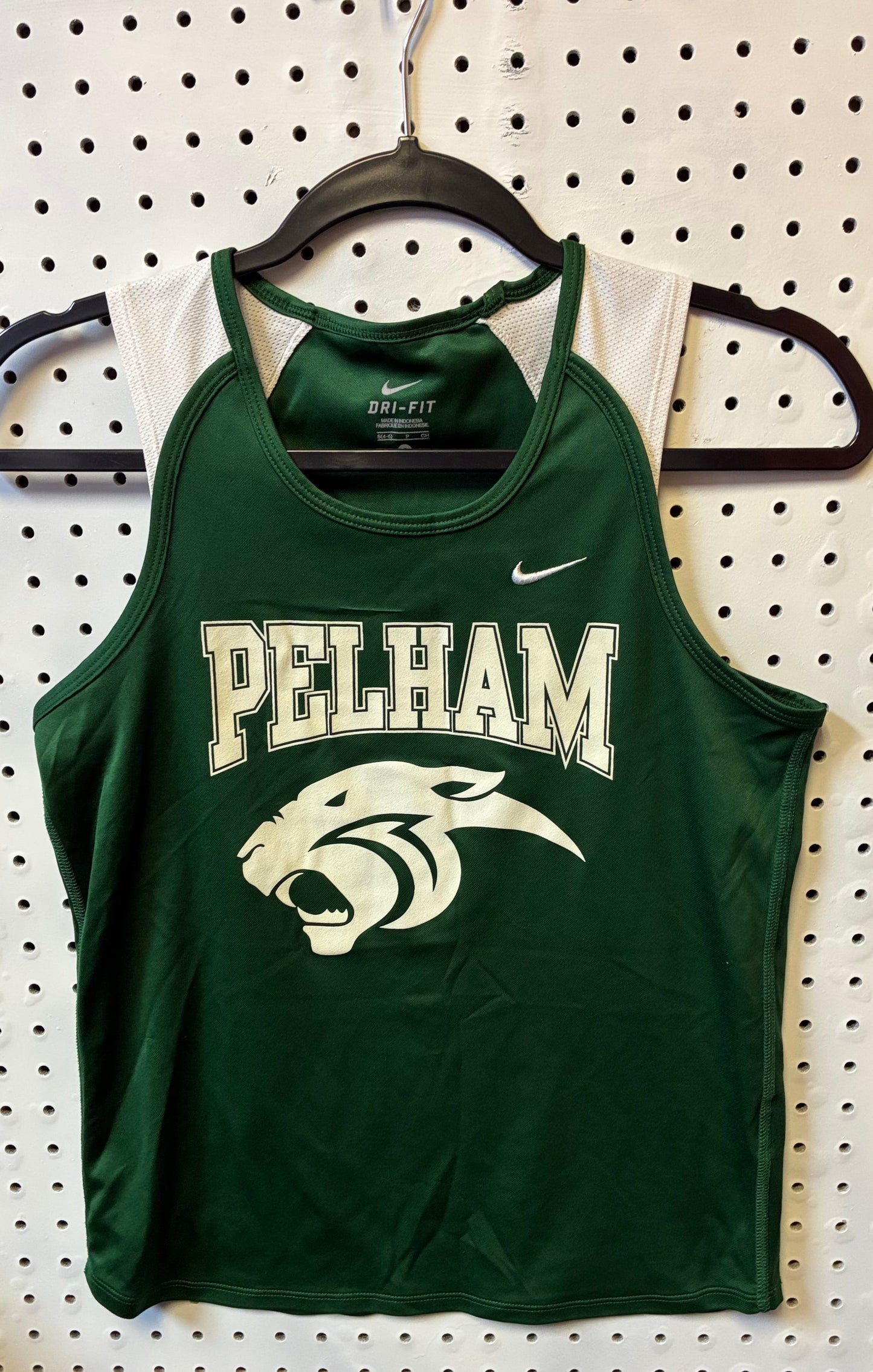 Green and White Nike Dri-FIT athletic tank top featuring a "PELHAM" graphic and a cougar mascot logo Size Small
