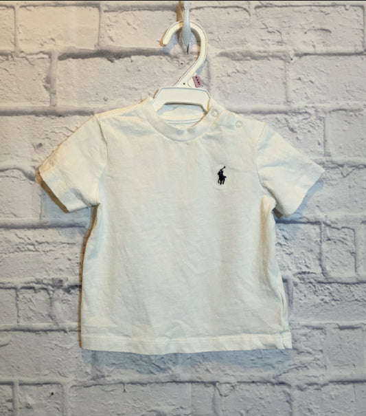 Polo Ralph Lauren baby boys' short-sleeve cotton jersey t-shirt in white with a navy blue embroidered pony, size 6 months-