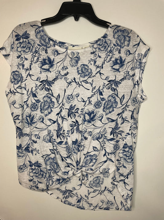 Womens Cynthia Rowley Linen Cap Sleeve Floral Tee Shirt White Blue Size Medium 8/10~Great Condition