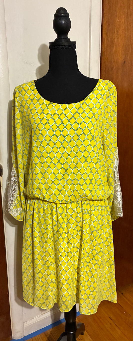 Mmm Mmm yellow and green quatrefoil pattern dress with a white lining Women Size Large 10/12