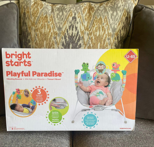 Bright Starts Playful Paradise Vibrating Baby Bouncer- New in Box
