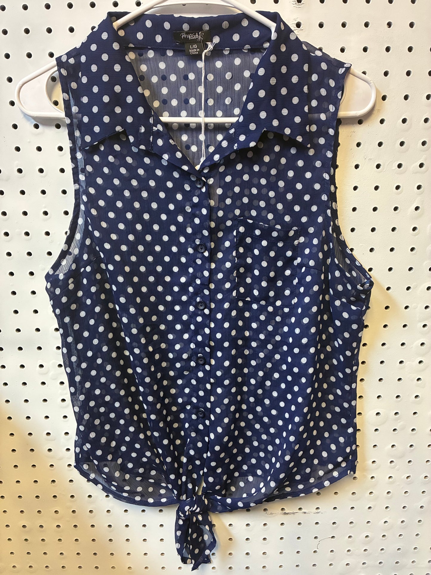 Rhapsody L/G navy blue and white polka dot chiffon button-down blouse