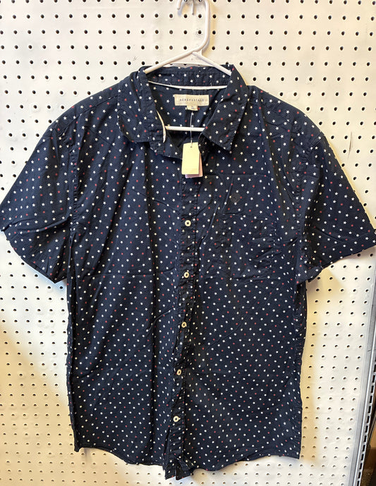 NWT Men's Aeropostle Size XL-Blue w/ Stars Short Sleeve Button Up Dress Shirt- New With Tag