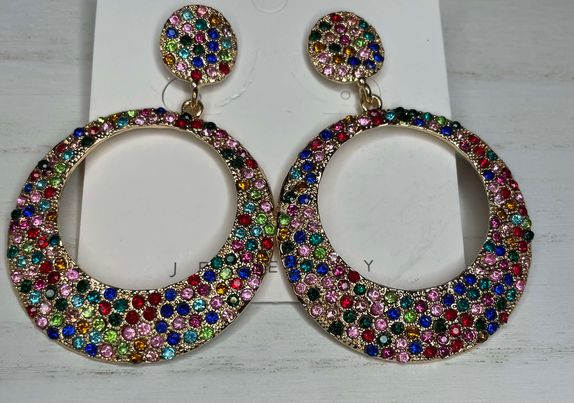 Rainbow Crystal Round Hoop Stud Earrings