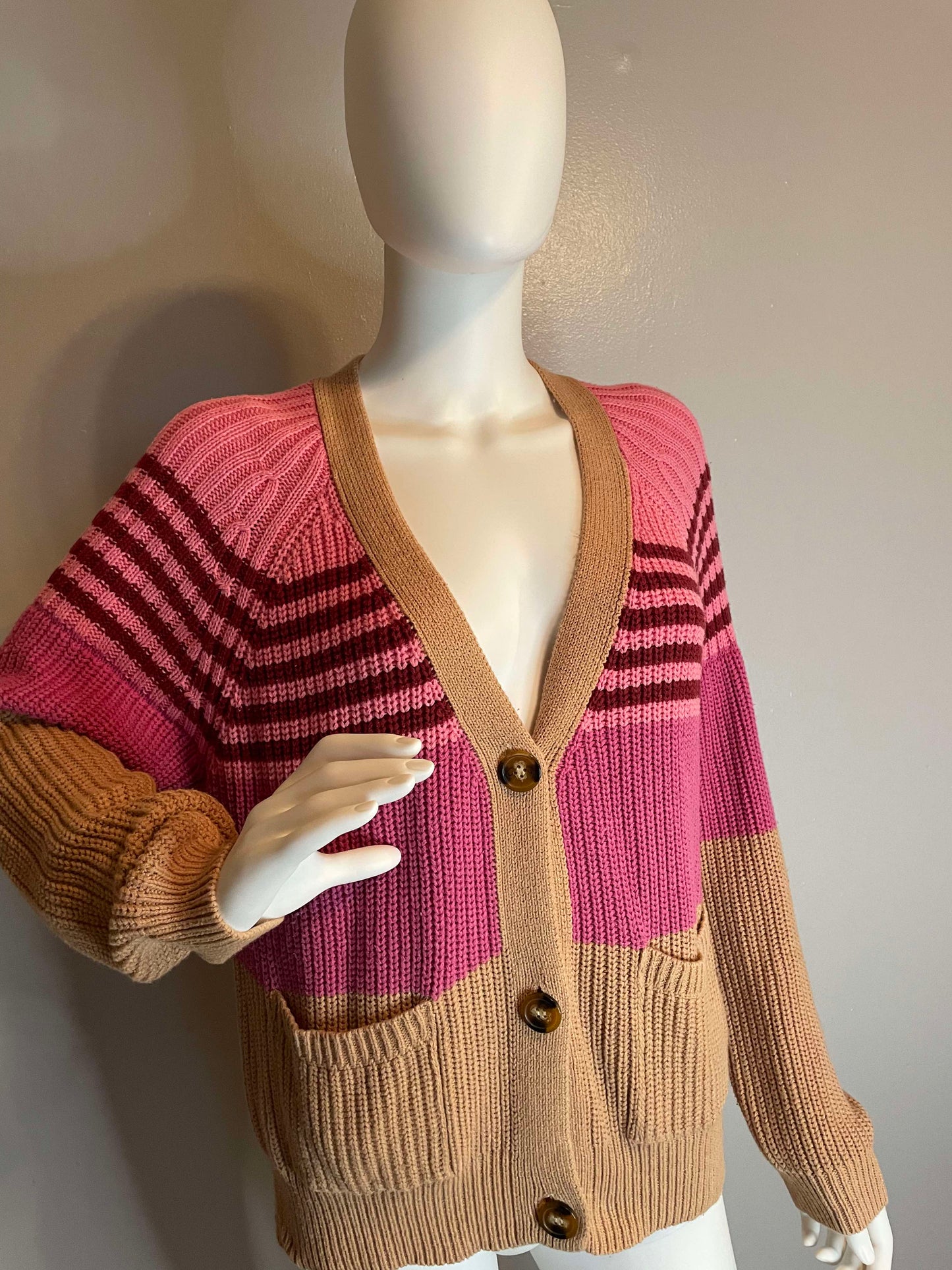 Time and True Pink and Tan Cardigan~Women Size Medium 8/10