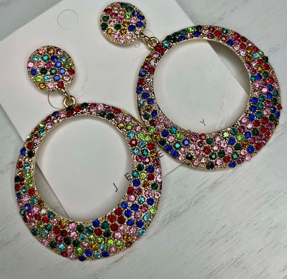 Rainbow Crystal Round Hoop Stud Earrings