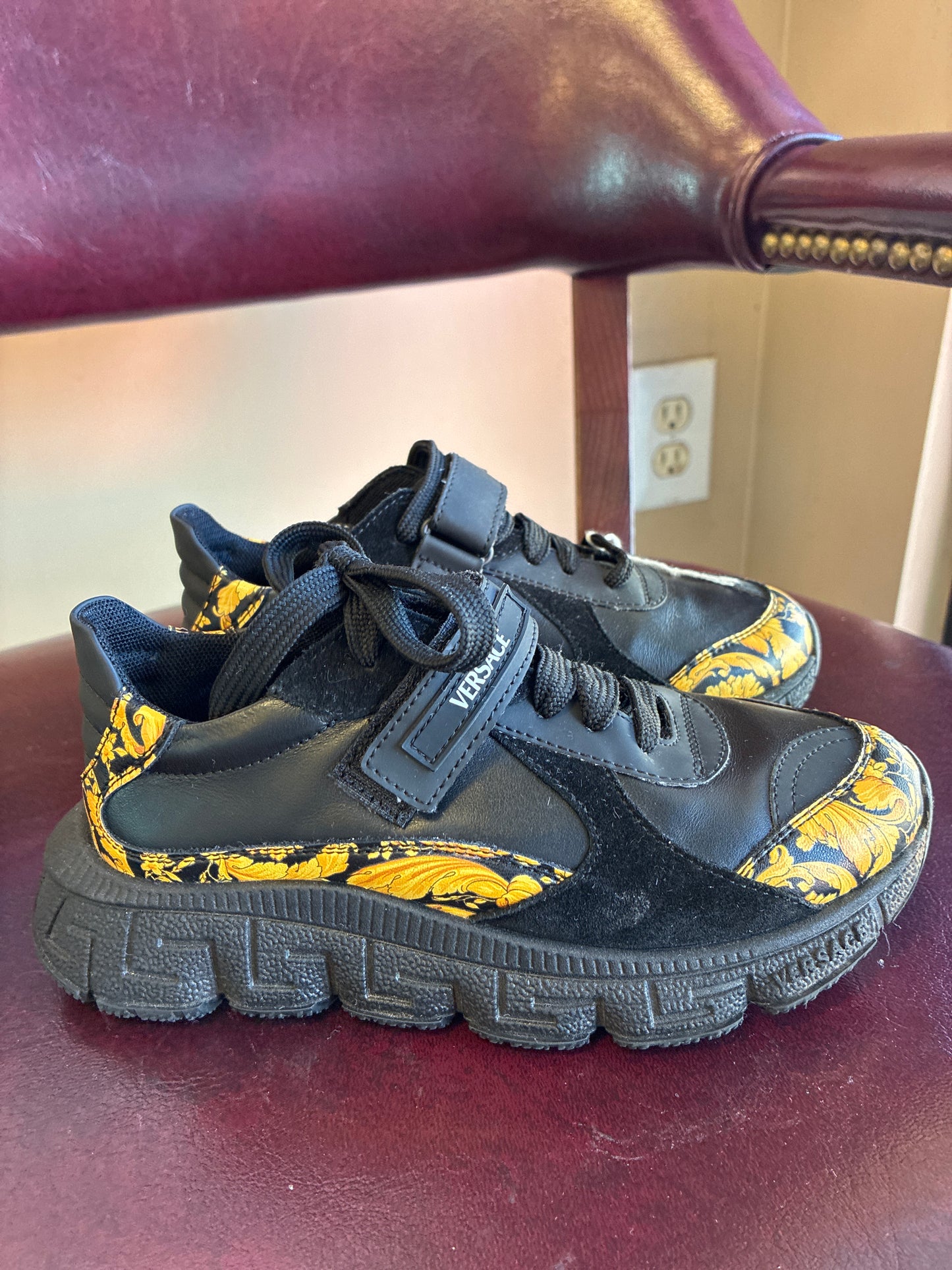 VERSACE-Kids' Trigreca Leather Sneakers In Blackgold Size 1.5 Youth