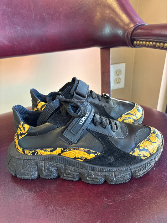 VERSACE-Kids' Trigreca Leather Sneakers In Blackgold Size 1.5 Youth
