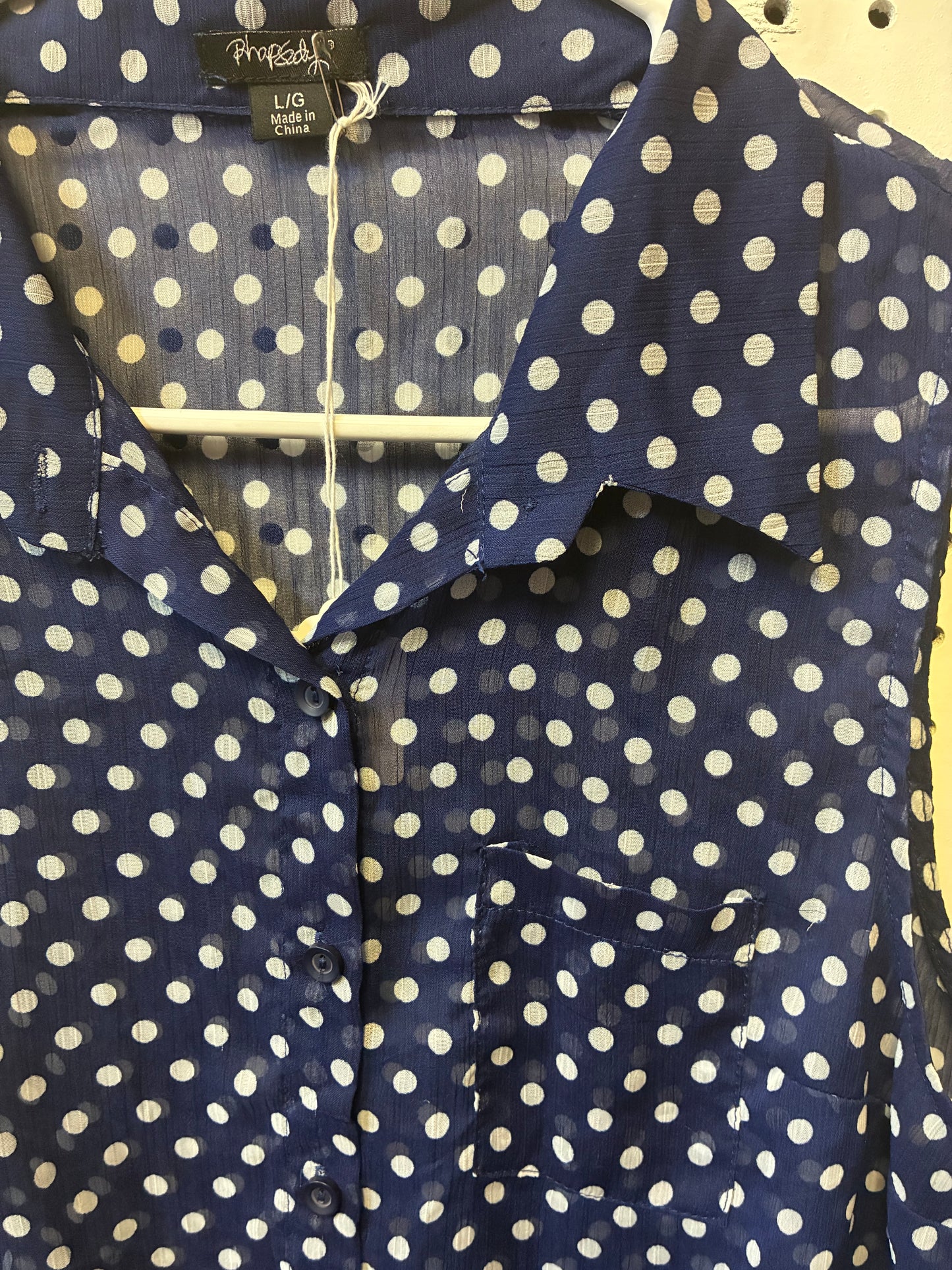 Rhapsody L/G navy blue and white polka dot chiffon button-down blouse