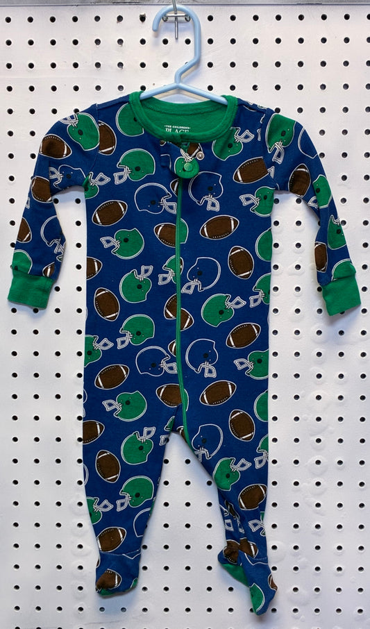 Carter's or The Children's Place boys' blue and green football-themed fleece footed pajama sleeper Size 3-6M
