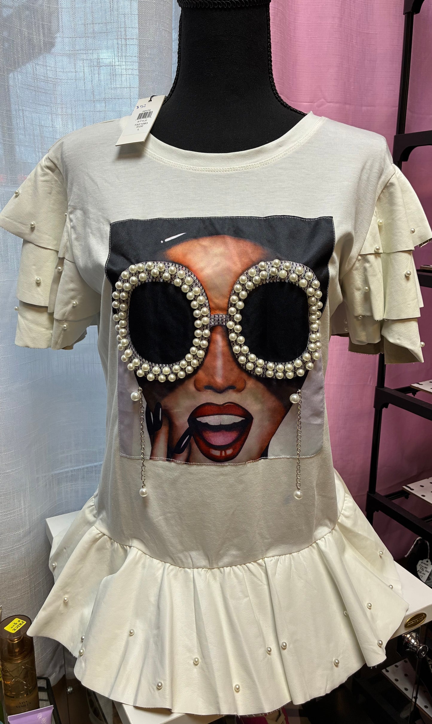 WHY-white t-shirt with a graphic print and pearl embellishments- Women Size Large