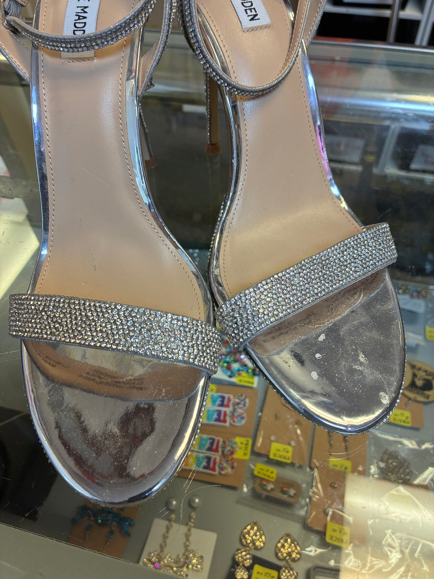 Steve Madden Wafer-R stiletto heeled sandal in a silver multi rhinestone finish Size 12M