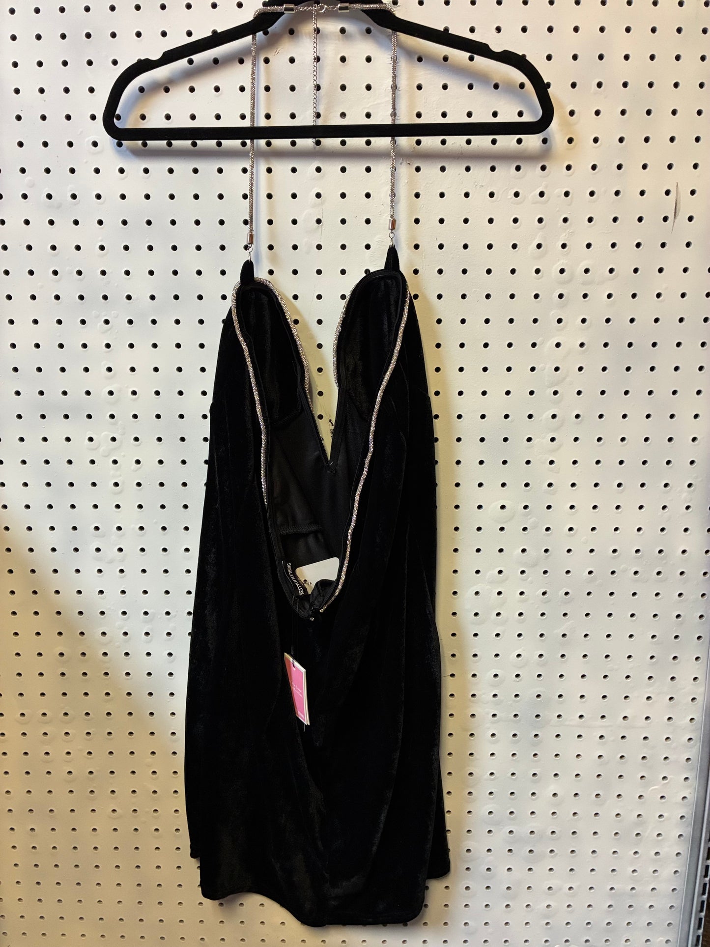 Pretty Little Thing BLACK DIAMANTE VELVET BUST DETAIL PLUNGE BODYCON DRESS- SIZE LARGE