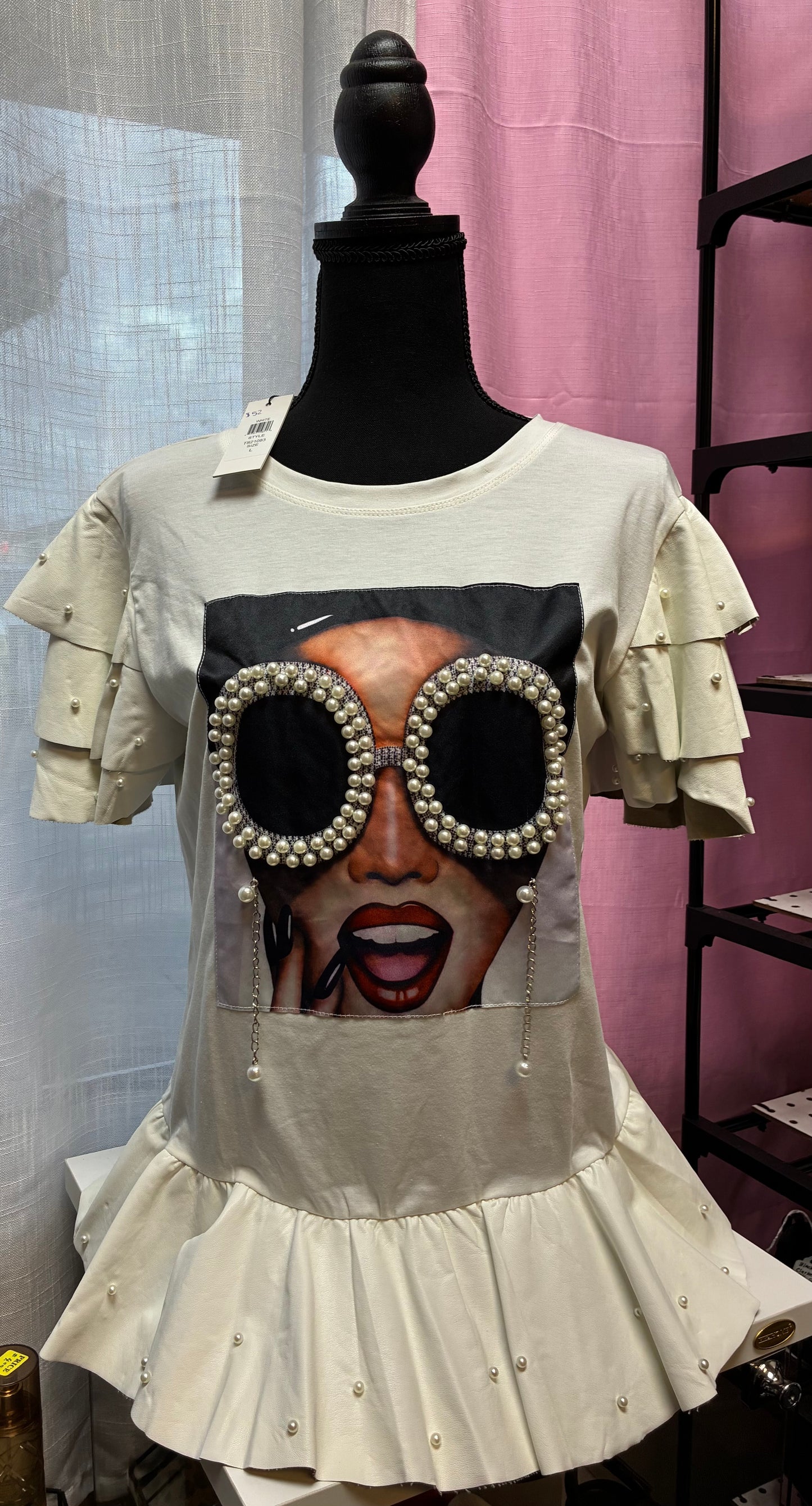 WHY-white t-shirt with a graphic print and pearl embellishments- Women Size Large