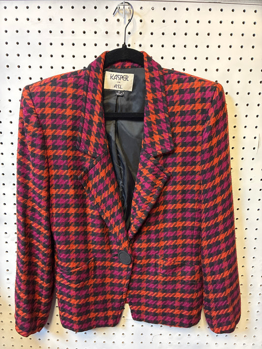 KASPER Women's Size 8 Houndstooth Multicolor Tweed Wool Blazer