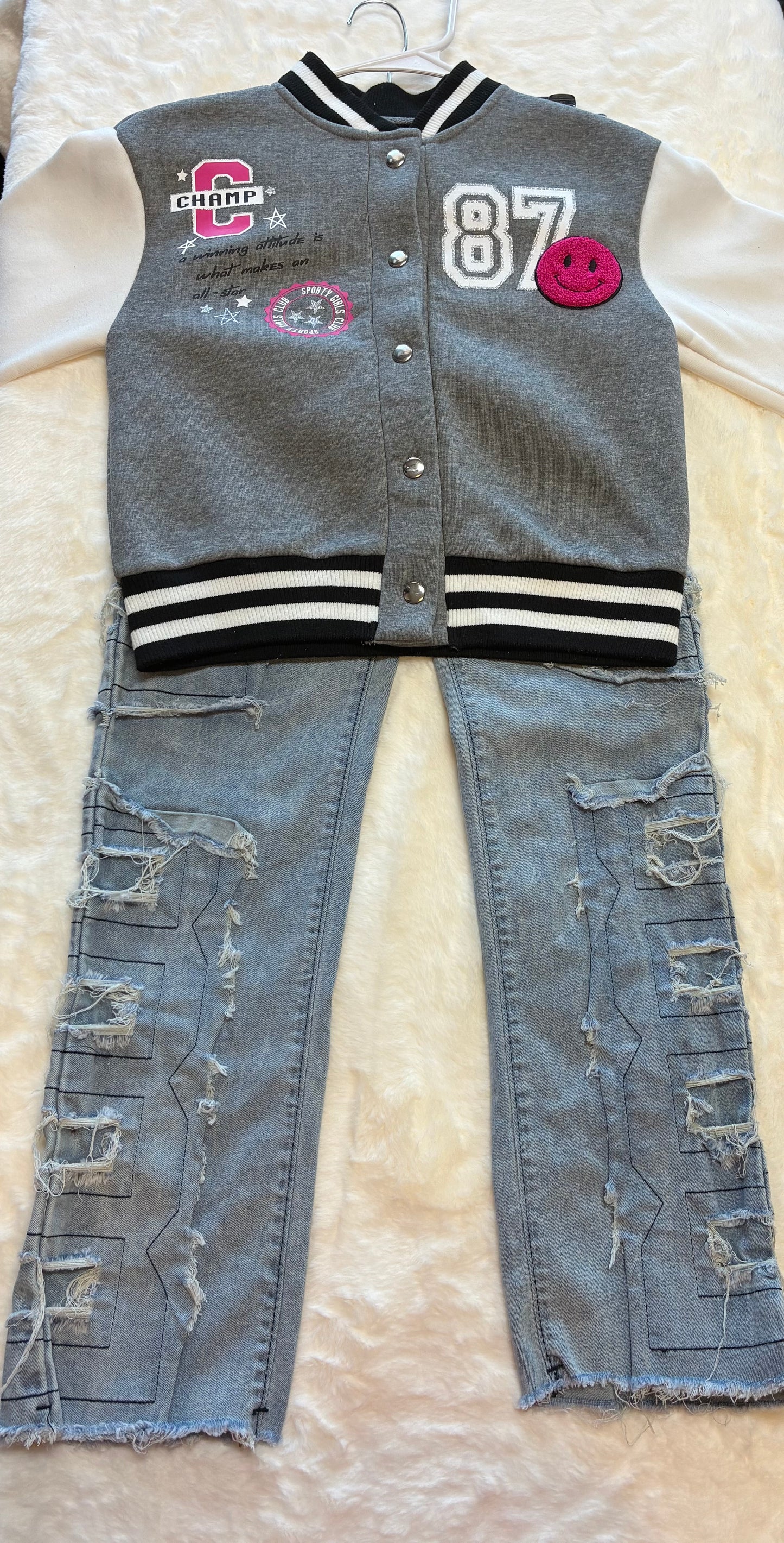 InGirl Grey Varsity Style Jacket with Star Sleeves and Patches Size 10/12