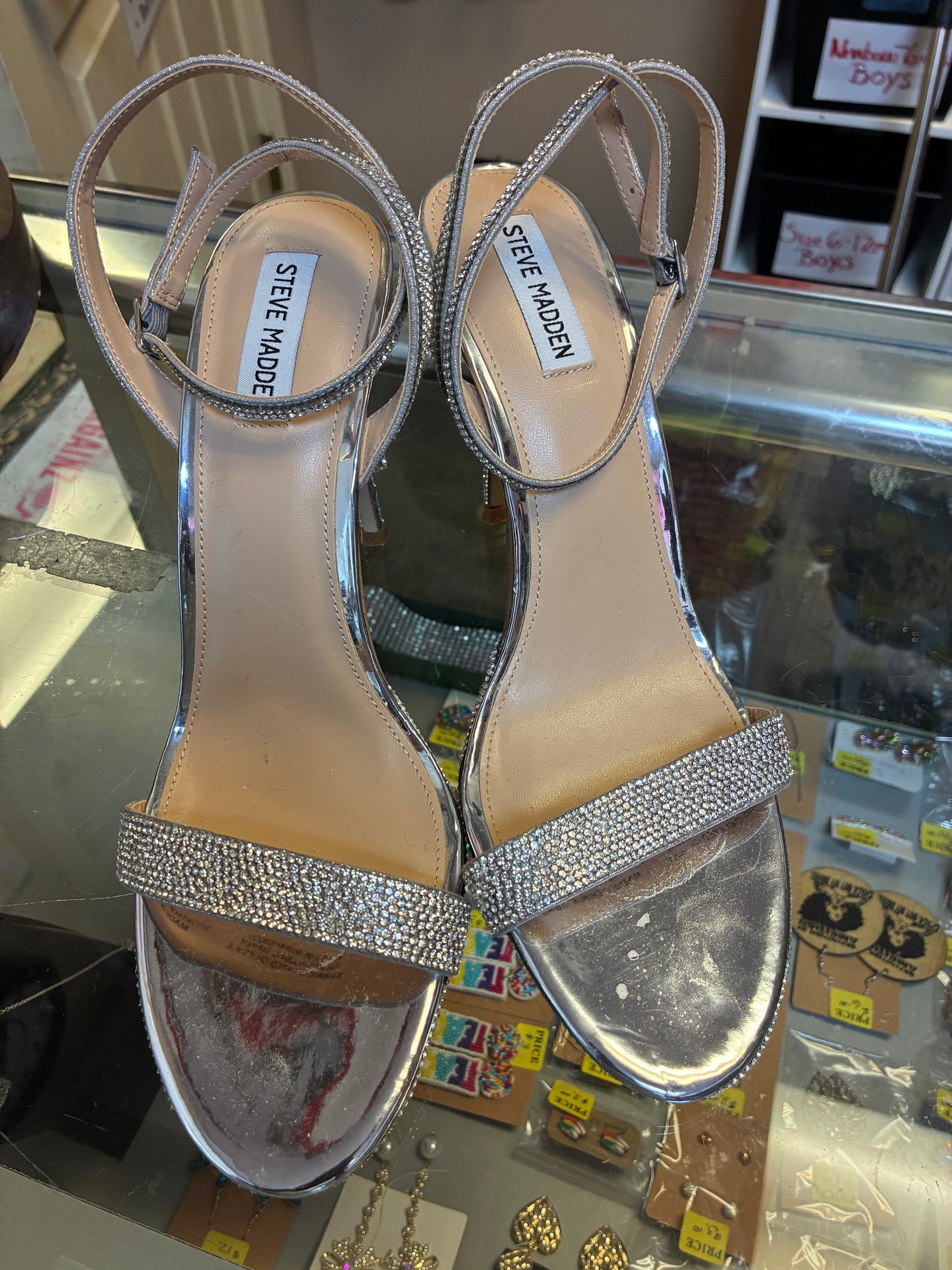 Steve Madden Wafer-R stiletto heeled sandal in a silver multi rhinestone finish Size 12M