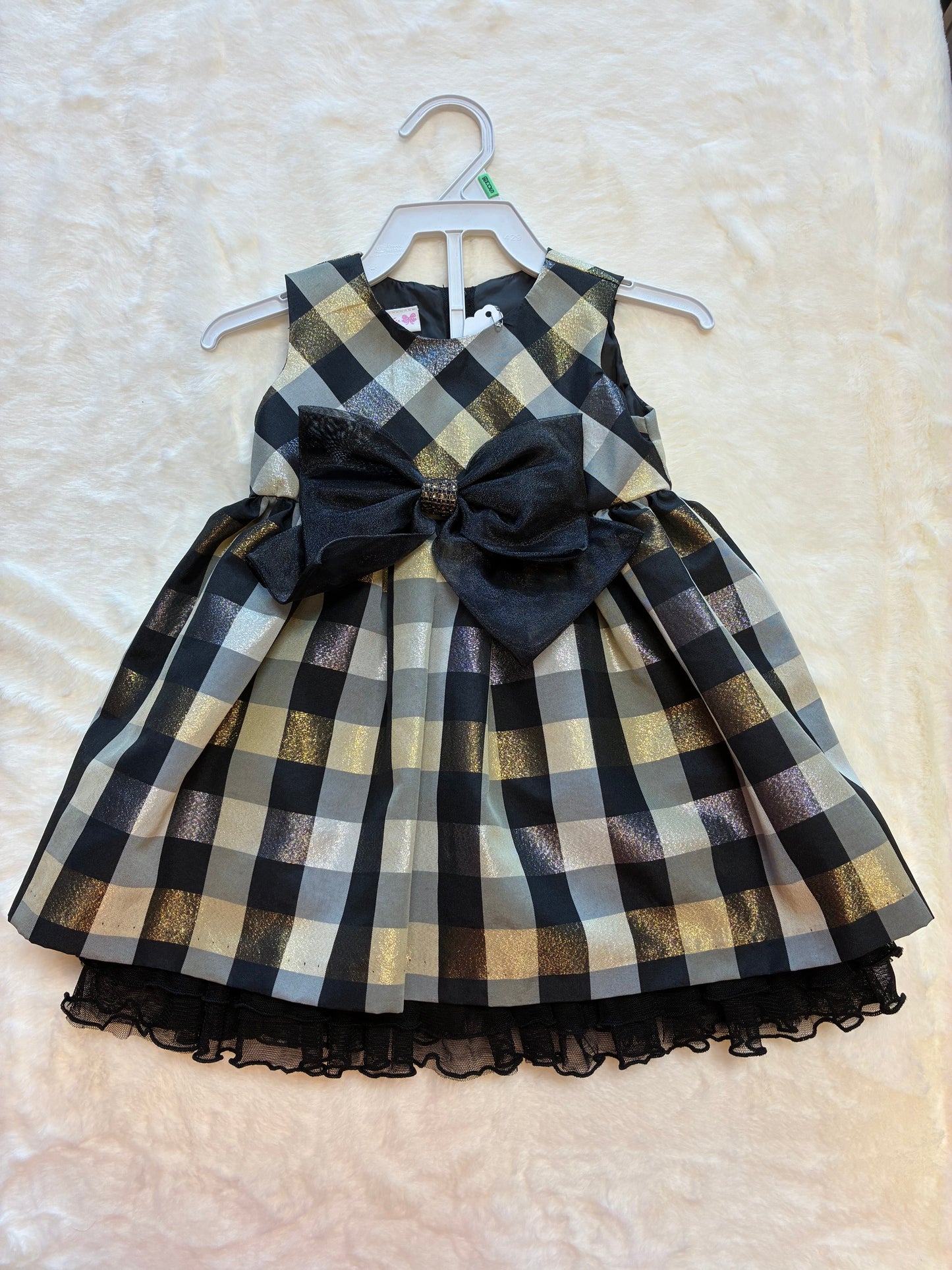 Bonnie Baby Girls Black Gold Checkered Party Dress with Bow Size 18mons